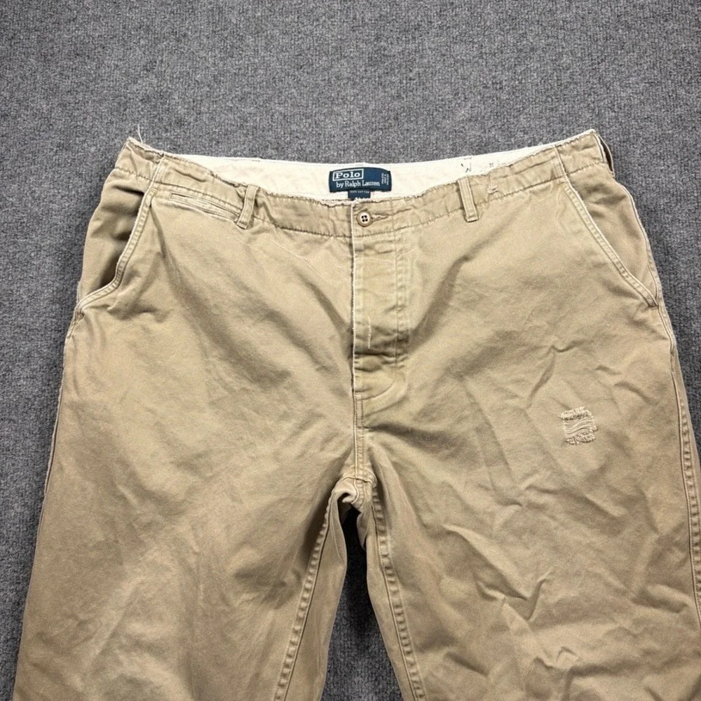 Polo Ralph Lauren Chino Pants Distressed Mens 39x29 Tan Raw Hem‎ Button Fly
